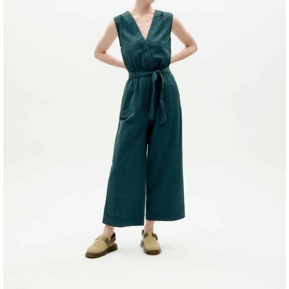 NEW THINKING MU seersucker winona jumpsuit in bottle green